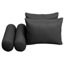 Five-piece pillow and bolster cushion set including seat cushion, two square back pillows, and two bolster pillows for indoor or outdoor seating