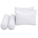 Five-piece pillow and bolster cushion set including seat cushion, two square back pillows, and two bolster pillows for indoor or outdoor seating