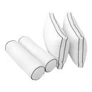 Five-piece pillow and bolster cushion set including seat cushion, two square back pillows, and two bolster pillows for indoor or outdoor seating.