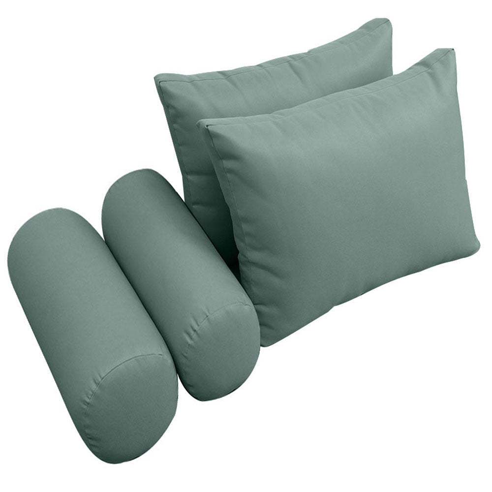 Five-piece pillow and bolster cushion set including seat cushion, two square back pillows, and two bolster pillows for indoor or outdoor seating