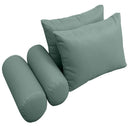 Five-piece pillow and bolster cushion set including seat cushion, two square back pillows, and two bolster pillows for indoor or outdoor seating