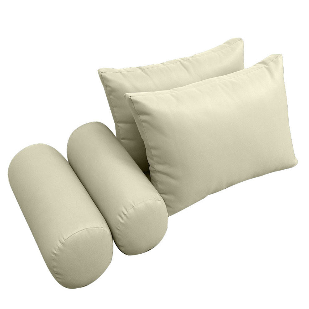 Five-piece pillow and bolster cushion set including seat cushion, two square back pillows, and two bolster pillows for indoor or outdoor seating