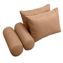 Five-piece pillow and bolster cushion set including seat cushion, two square back pillows, and two bolster pillows for indoor or outdoor seating