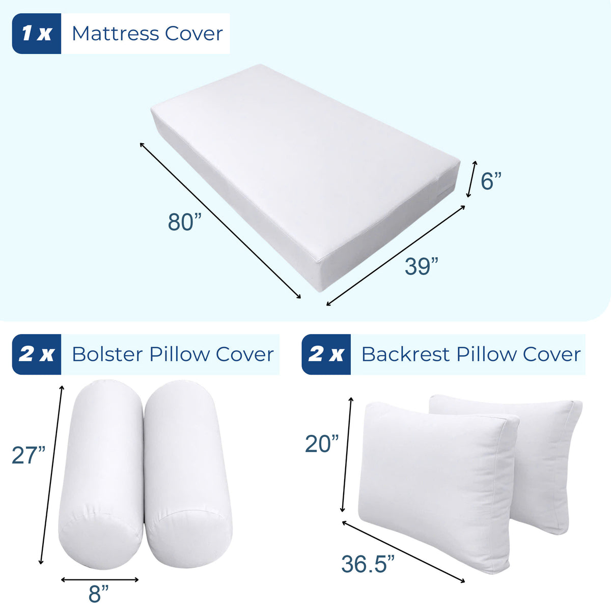 STYLE 2 - Mattress & Pillow Bolster Cushion for Outdoor Indoor Daybed Porch Swing Bed Twin-XL Size AD005 | COVERS ONLY |