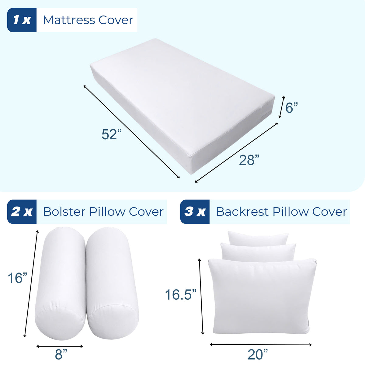 STYLE 3 - Mattress & Pillow Bolster Cushion for Outdoor Indoor Daybed Porch Swing Bed Piped Trim Crib Size AD005 | COVERS ONLY |