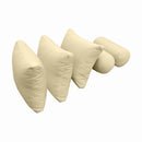Five-piece pillow and bolster cushion set including seat cushion, two square back pillows, and two bolster pillows for indoor or outdoor seating.
