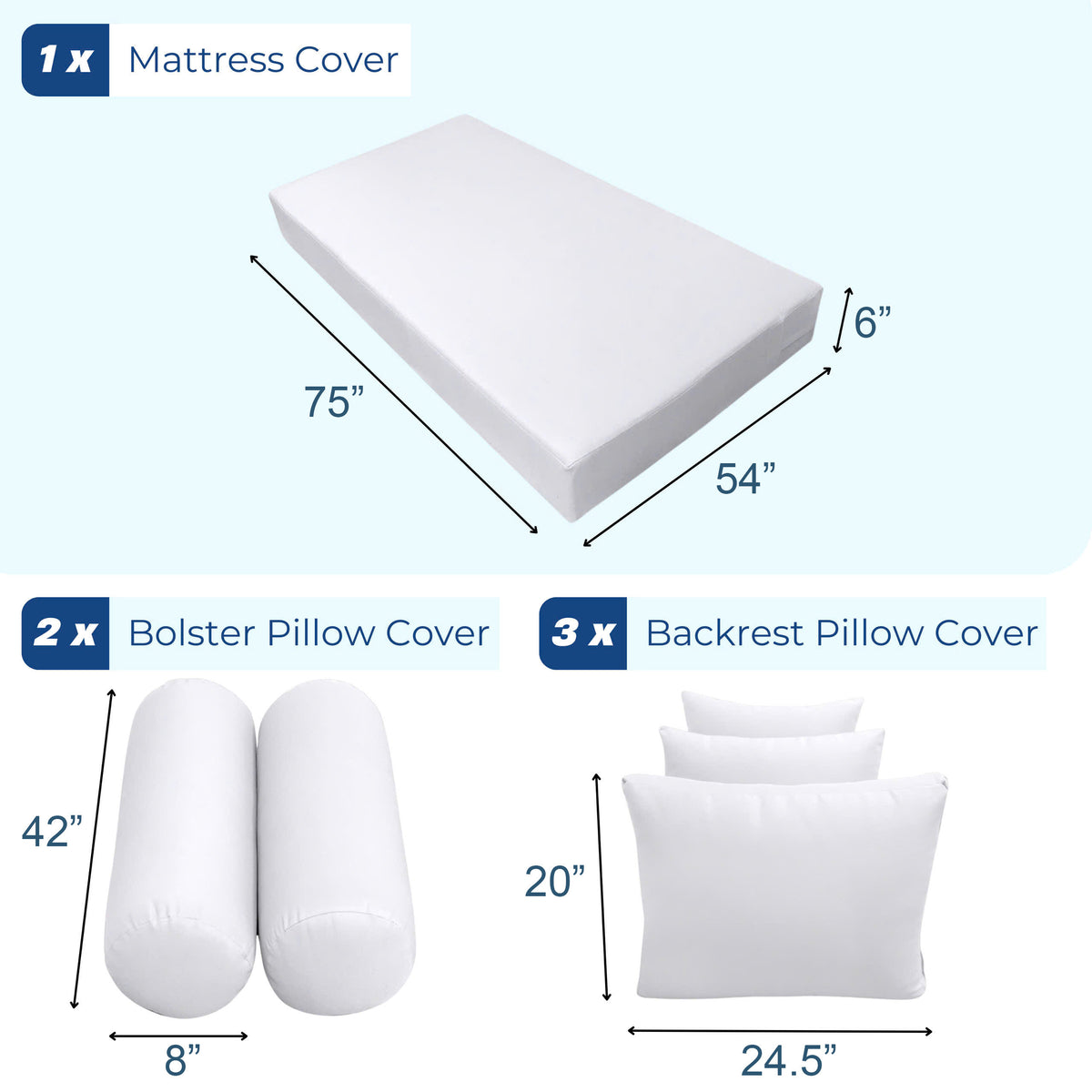 STYLE 3 - Mattress & Pillow Bolster Cushion for Outdoor Indoor Daybed Porch Swing Bed Piped Trim Full Size AD103 | COVERS ONLY |