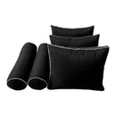 Five-piece pillow and bolster cushion set including seat cushion, two square back pillows, and two bolster pillows for indoor or outdoor seating.