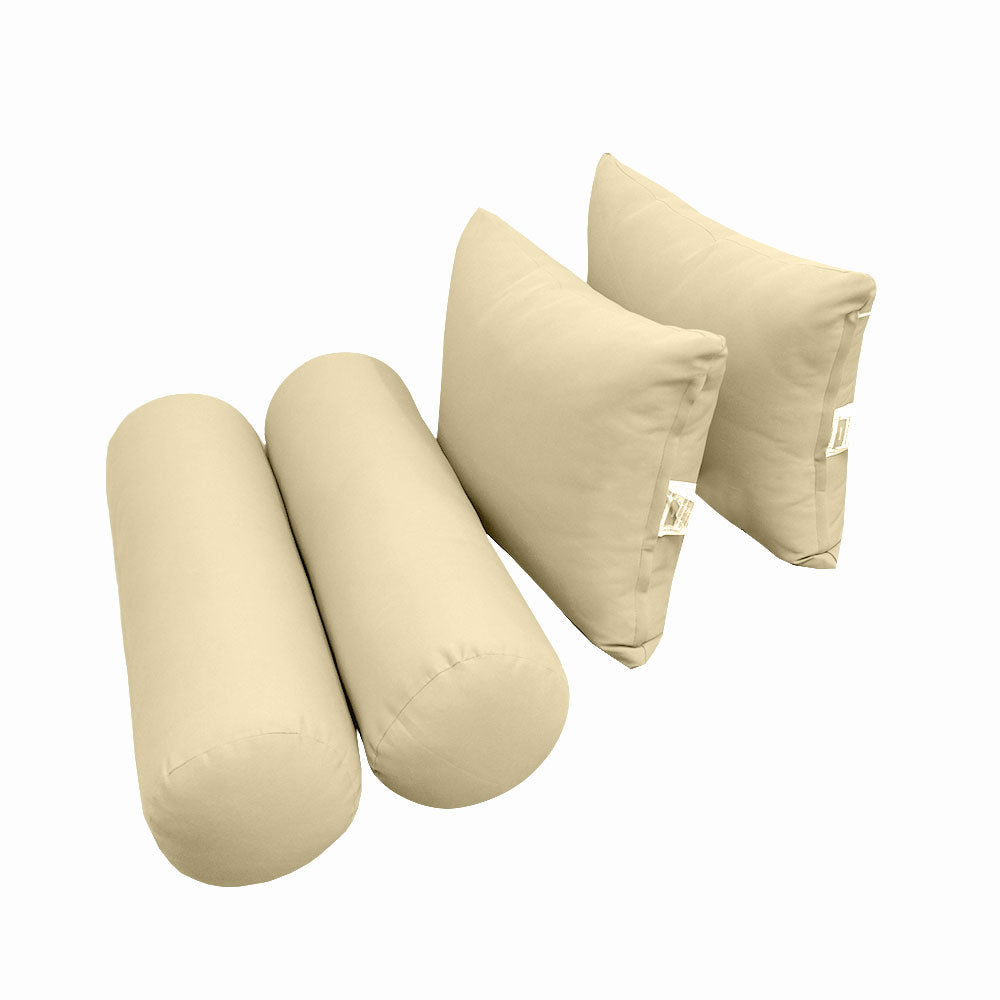 Four-piece pillow and bolster cushion set including seat cushion, two square back pillows, and two bolster pillows for indoor or outdoor seating.