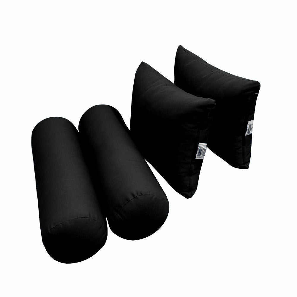 Four-piece pillow and bolster cushion set including seat cushion, two square back pillows, and two bolster pillows for indoor or outdoor seating.