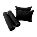 Five-piece pillow and bolster cushion set including seat cushion, two square back pillows, and two bolster pillows for indoor or outdoor seating.