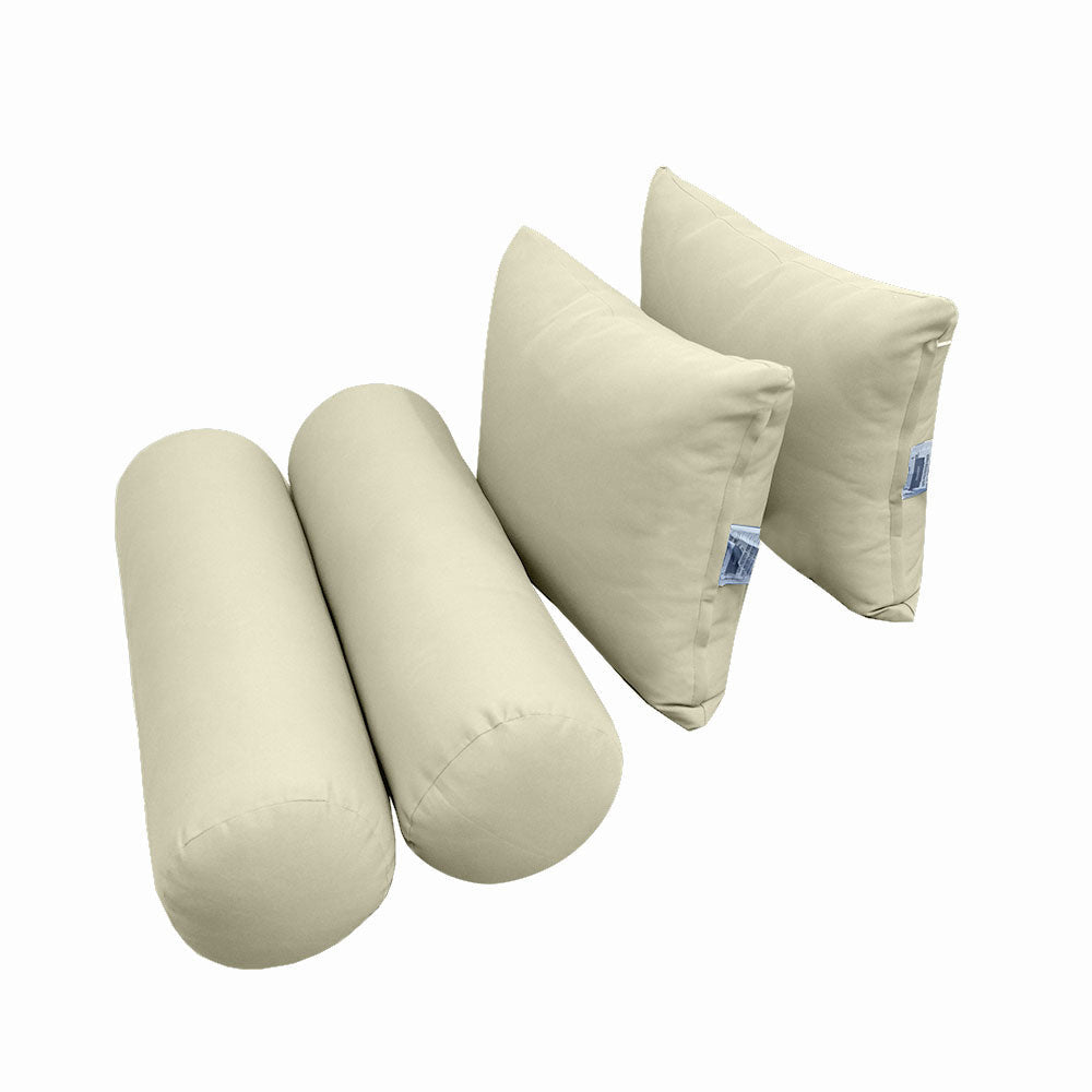 Five-piece pillow and bolster cushion set including seat cushion, two square back pillows, and two bolster pillows for indoor or outdoor seating.