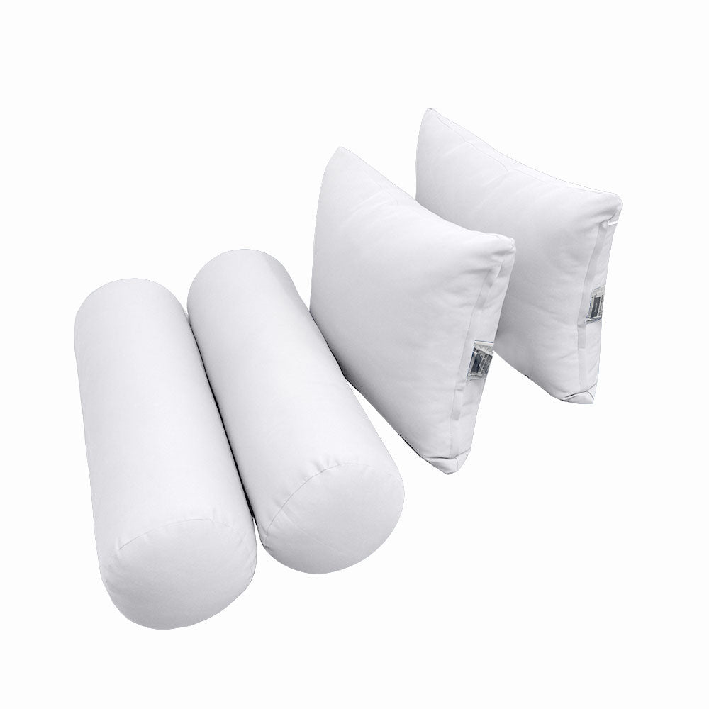 Five-piece pillow and bolster cushion set including seat cushion, two square back pillows, and two bolster pillows for indoor or outdoor seating.