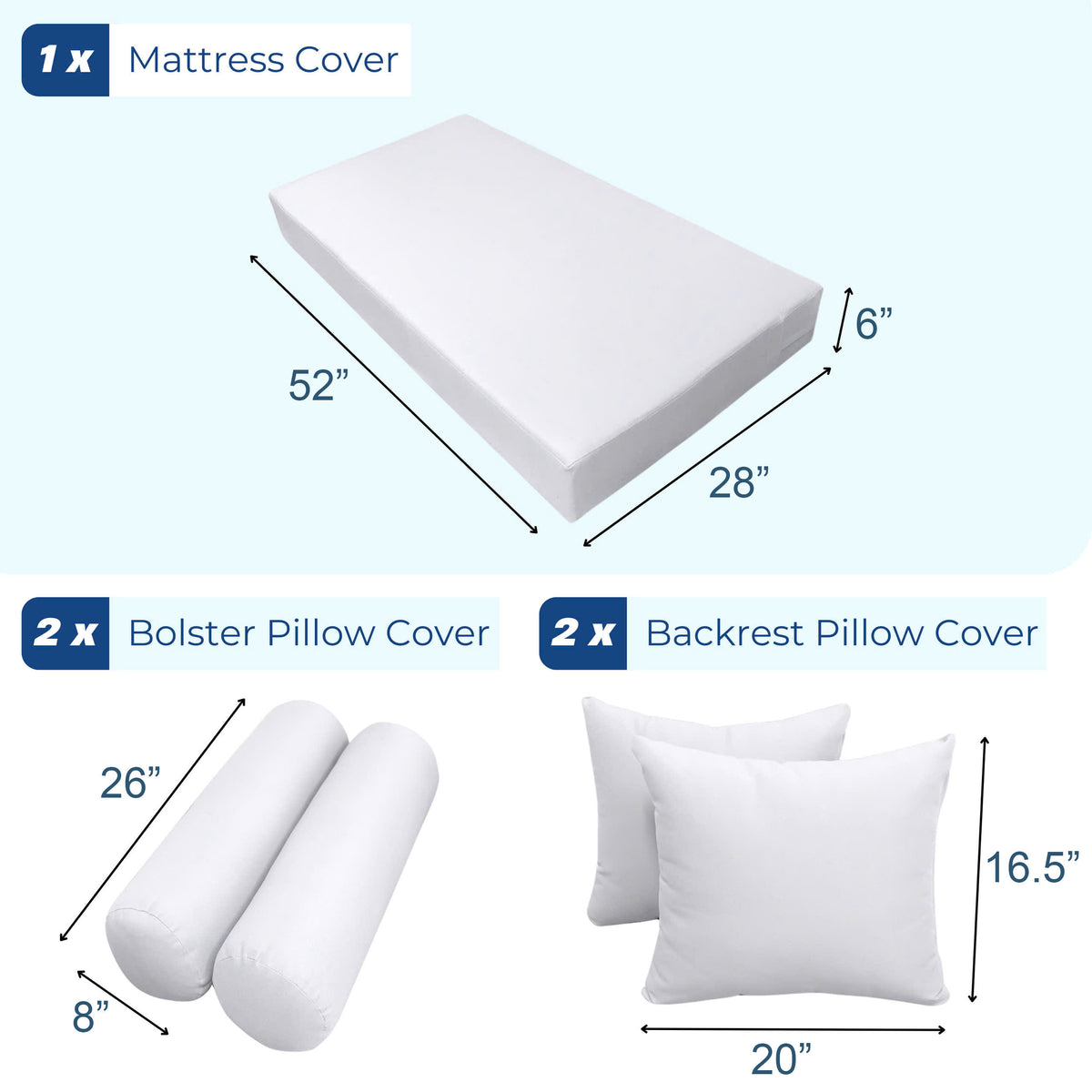 STYLE 4 - Mattress & Pillow Bolster Cushion for Outdoor Indoor Daybed Porch Swing Bed Piped Trim Crib Size AD005 | COVERS ONLY |