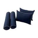 Five-piece pillow and bolster cushion set including seat cushion, two square back pillows, and two bolster pillows for indoor or outdoor seating.