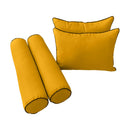 Five-piece pillow and bolster cushion set including seat cushion, two square back pillows, and two bolster pillows for indoor or outdoor seating.