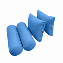 Four-piece pillow and bolster cushion set including seat cushion, two square back pillows, and two bolster pillows for indoor or outdoor seating.
