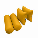Five-piece pillow and bolster cushion set including seat cushion, two square back pillows, and two bolster pillows for indoor or outdoor seating.