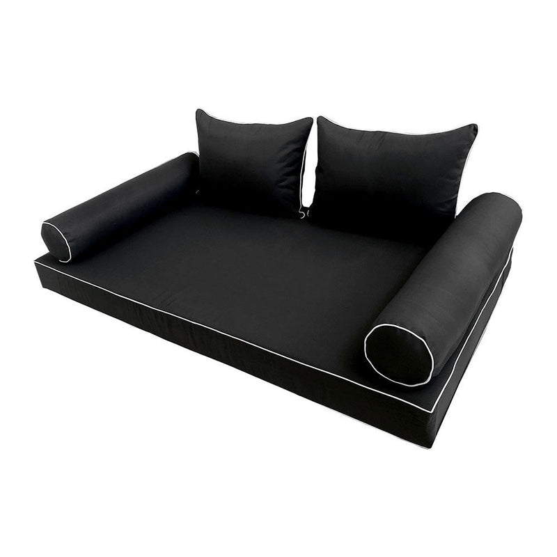 STYLE 4 - Mattress & Pillow Bolster Cushion for Outdoor Indoor Daybed Porch Swing Bed Contrast Trim Full Size AD109 | COVERS ONLY |