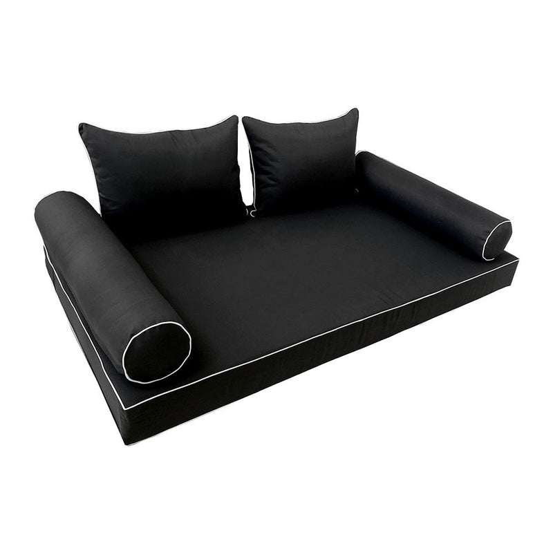 STYLE 4 - Mattress & Pillow Bolster Cushion for Outdoor Indoor Daybed Porch Swing Bed Contrast Trim Full Size AD109 | COVERS ONLY |