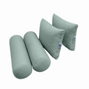 Five-piece pillow and bolster cushion set including seat cushion, two square back pillows, and two bolster pillows for indoor or outdoor seating.