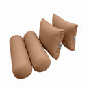 Five-piece pillow and bolster cushion set including seat cushion, two square back pillows, and two bolster pillows for indoor or outdoor seating.