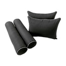 Five-piece pillow and bolster cushion set including seat cushion, two square back pillows, and two bolster pillows for indoor or outdoor seating.