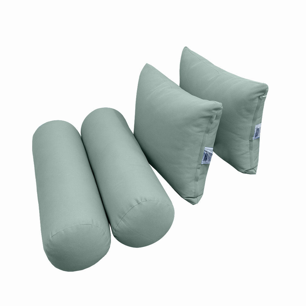 Four-piece pillow and bolster cushion set including seat cushion, two square back pillows, and two bolster pillows for indoor or outdoor seating.