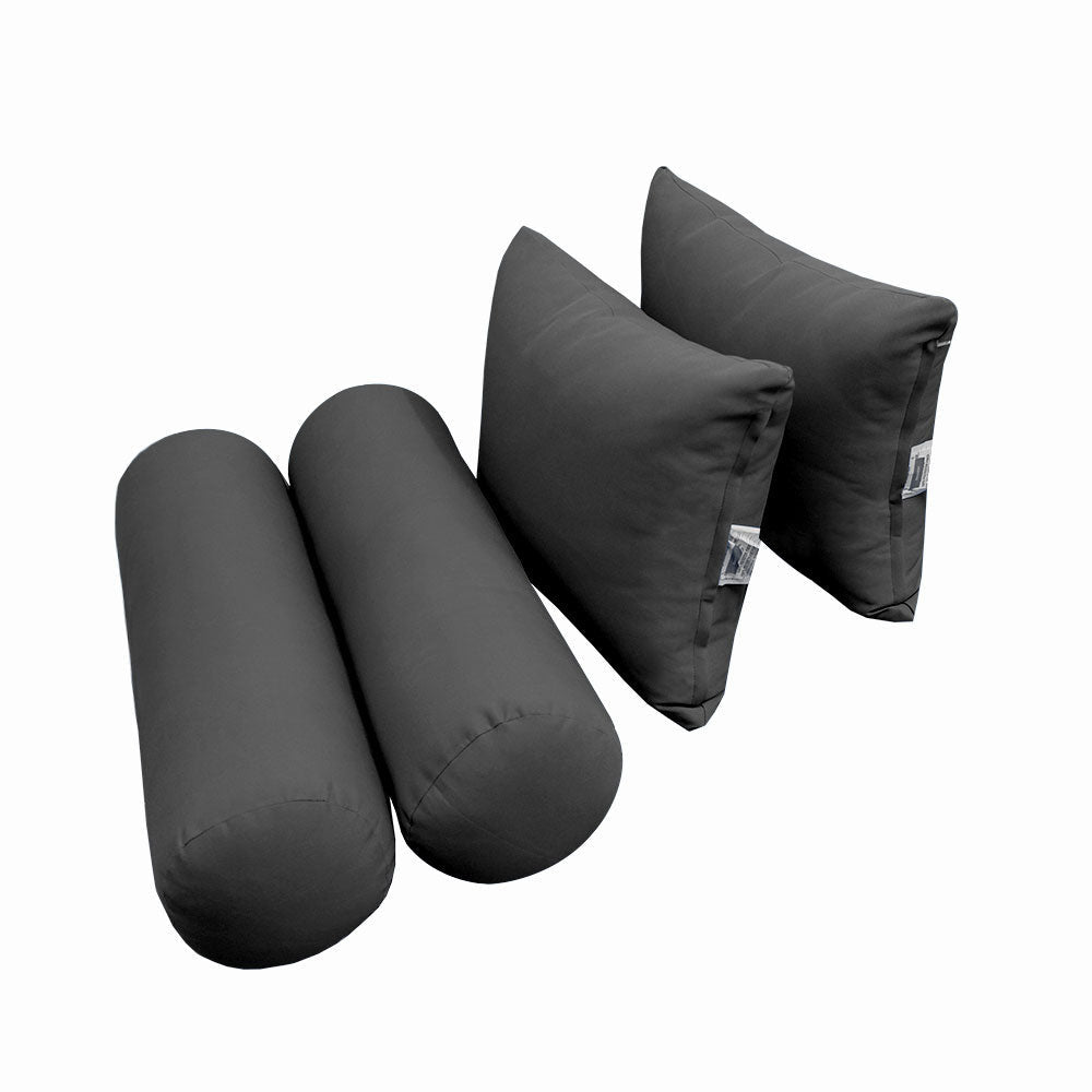 Five-piece pillow and bolster cushion set including seat cushion, two square back pillows, and two bolster pillows for indoor or outdoor seating