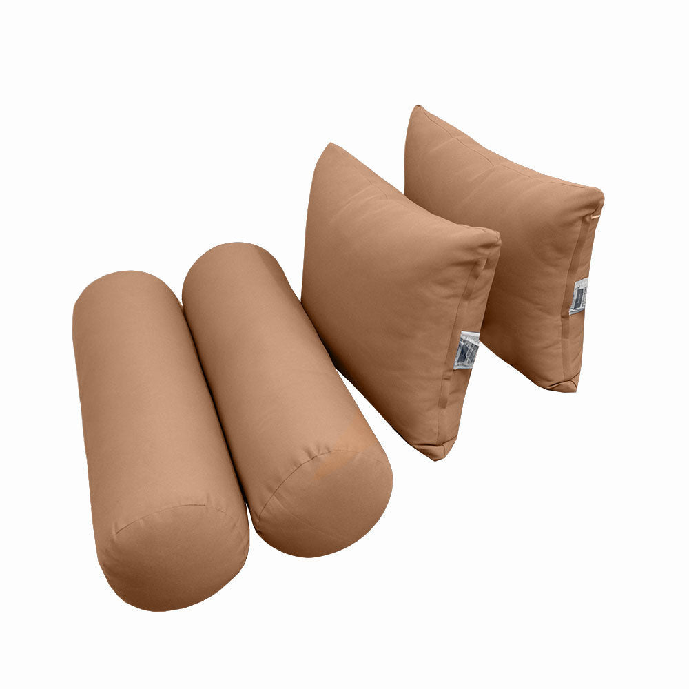 Five-piece pillow and bolster cushion set including seat cushion, two square back pillows, and two bolster pillows for indoor or outdoor seating