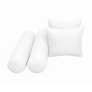 Five-piece pillow and bolster cushion set including seat cushion, two square back pillows, and two bolster pillows for indoor or outdoor seating