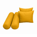 Five-piece pillow and bolster cushion set including seat cushion, two square back pillows, and two bolster pillows for indoor or outdoor seating