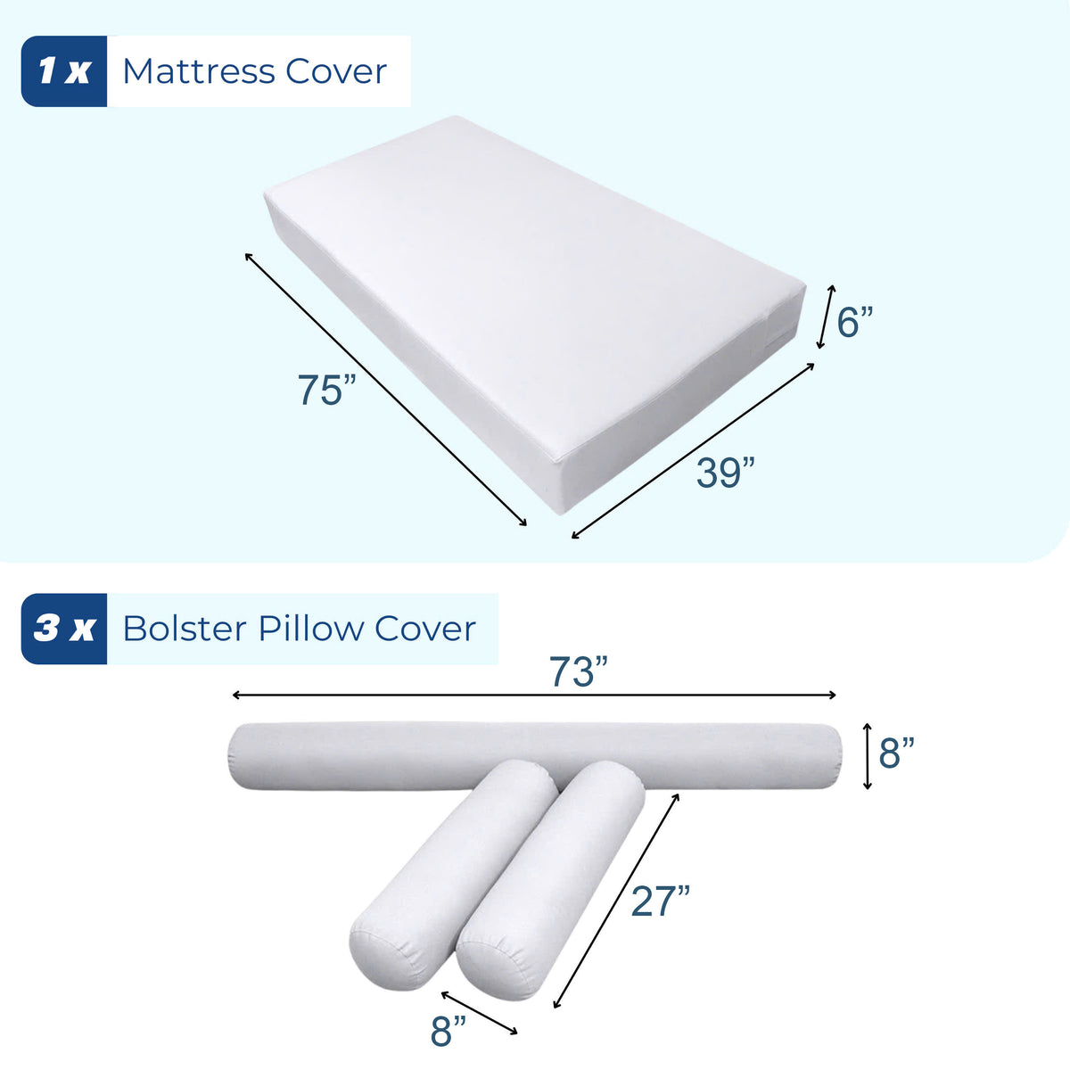 STYLE 6 - Mattress & Pillow Bolster for Outdoor Indoor Daybed Porch Swing Bed Contrast Trim Twin Size AD002 | COVERS ONLY |