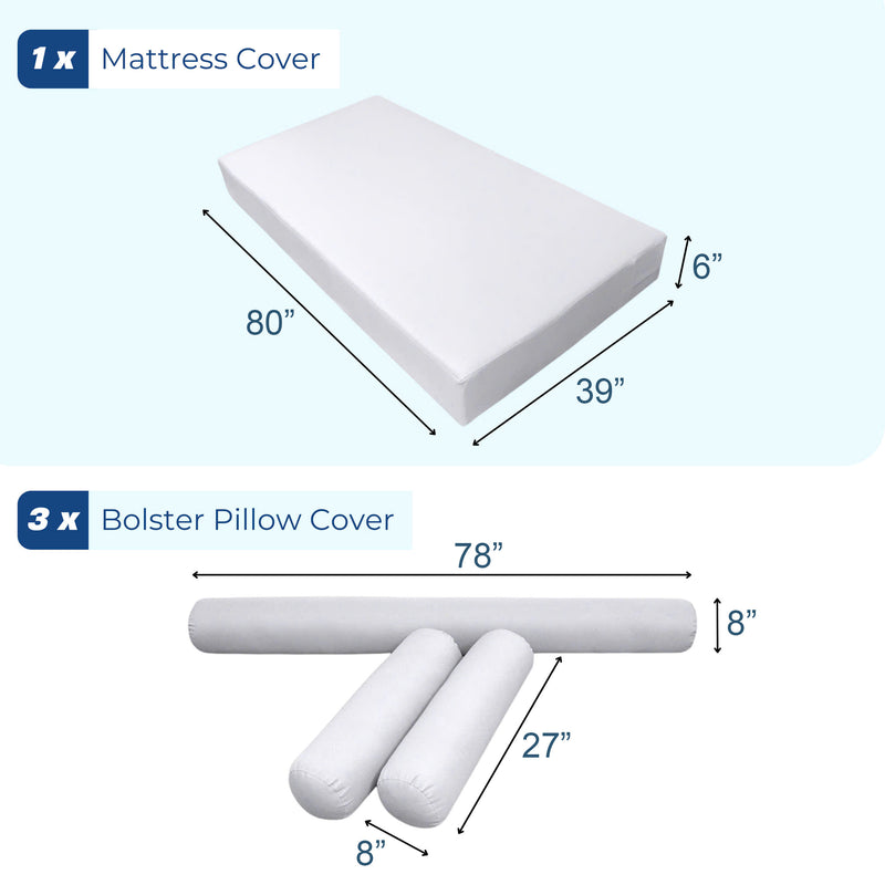 STYLE 6 - Mattress & Pillow Bolster for Outdoor Indoor Daybed Porch Swing Bed Piped Trim Twin-XL Size AD108 | COVERS ONLY |