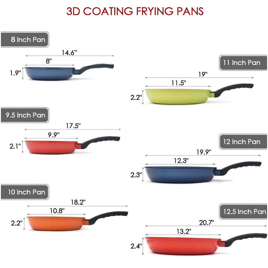 8" to 13" 3D Diamond Coating Nonstick Frying Pan, Made in Korea Cookware Pan for Everyday Cooking
