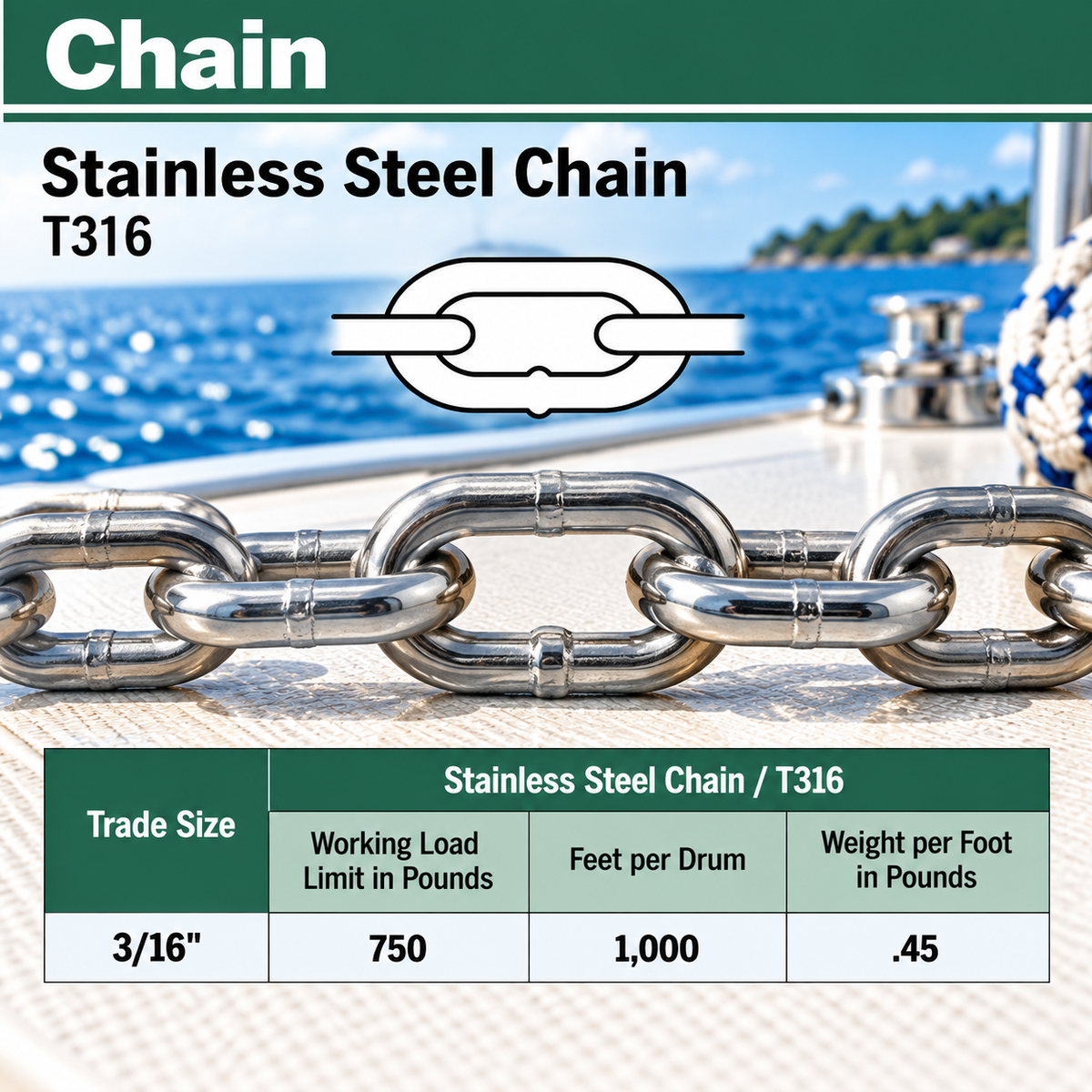 10 Ft T316 Stainless Steel Link Chain, Marine Grade Boat Chain for Dock, Anchor, Rigging, and Outdoor Use