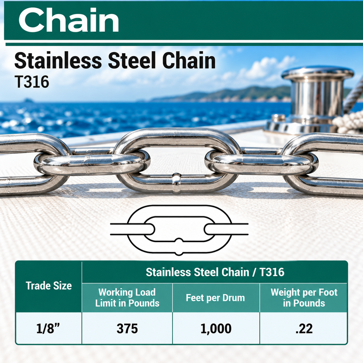 10 Ft T316 Stainless Steel Link Chain, Marine Grade Boat Chain for Dock, Anchor, Rigging, and Outdoor Use