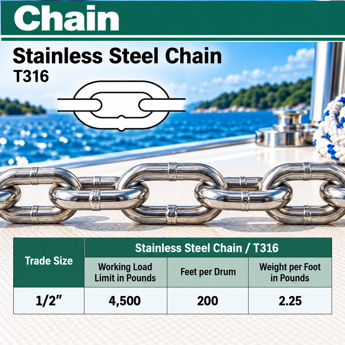 10 Ft T316 Stainless Steel Link Chain, Marine Grade Boat Chain for Dock, Anchor, Rigging, and Outdoor Use