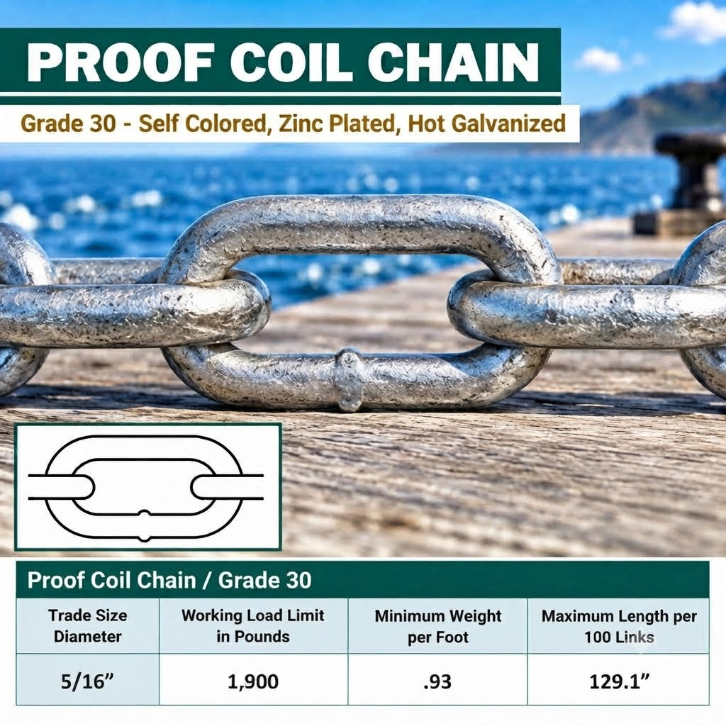 Proof Coil Chain Grade 30 Hot Galvanized Link Chain for Marine, Farm, Trailer, Dock, and Utility Use