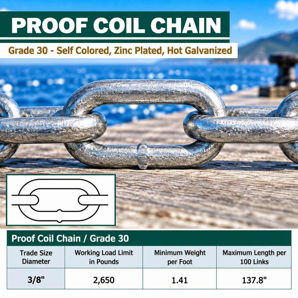 Proof Coil Chain Grade 30 Hot Galvanized Link Chain for Marine, Farm, Trailer, Dock, and Utility Use