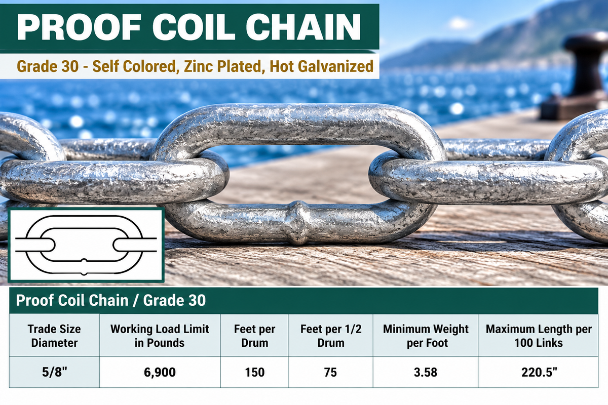 Proof Coil Chain Grade 30 Hot Galvanized Link Chain for Marine, Farm, Trailer, Dock, and Utility Use