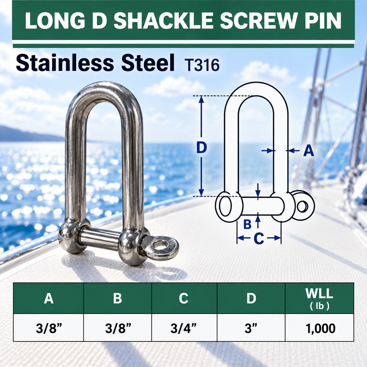 5 Pc Set Marine Stainless Steel Eye Screw Pin Chain Long D Shackle, Sailing Rigging Connector for Rope and Cable