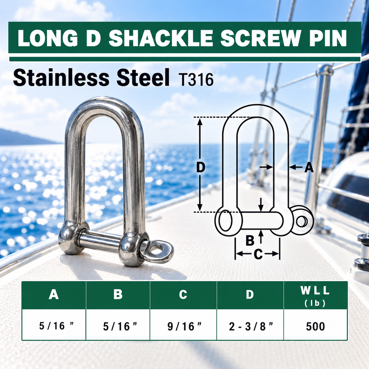 5 Pc Set Marine Stainless Steel Eye Screw Pin Chain Long D Shackle, Sailing Rigging Connector for Rope and Cable