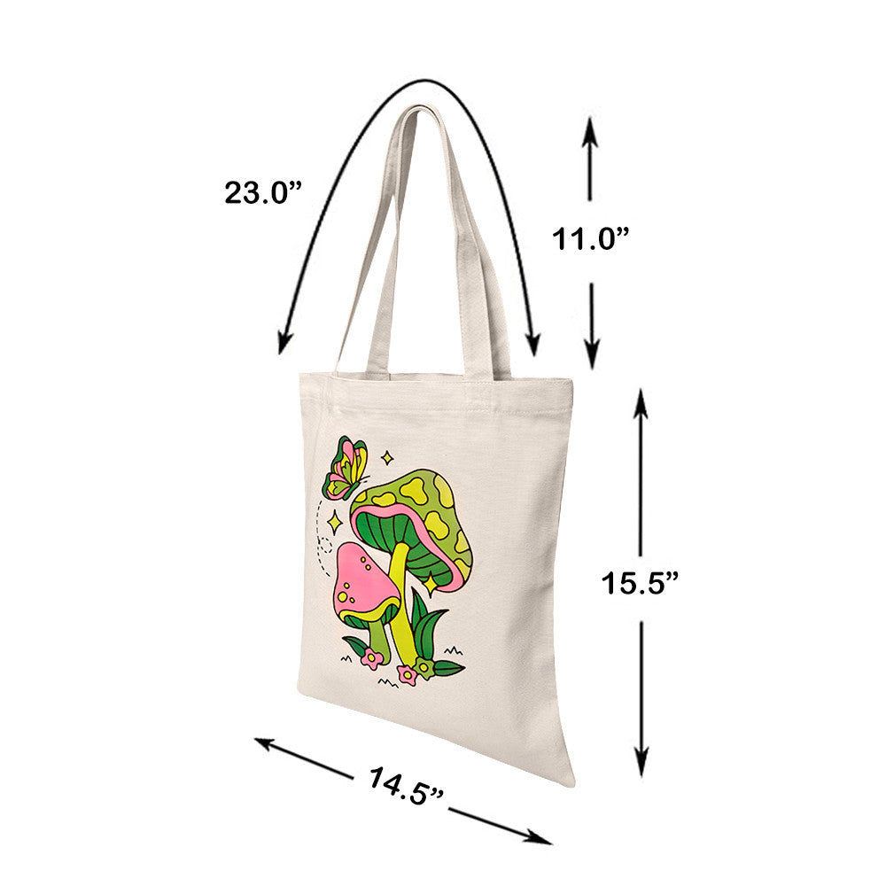 14-1/2"L x 15-1/2" Reusable Canvas Grocery Bag Shopping Mushrooms Butterfly Tote