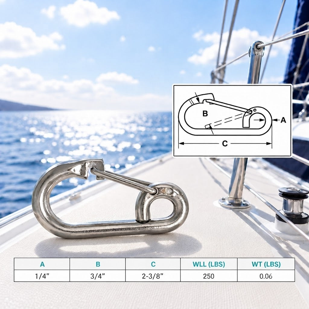 5 Pc Set Stainless Steel T316 Marine Boat Spring Snap Type Harness Clip, 1/4" and 5/16" Rope, Chain, and Rigging