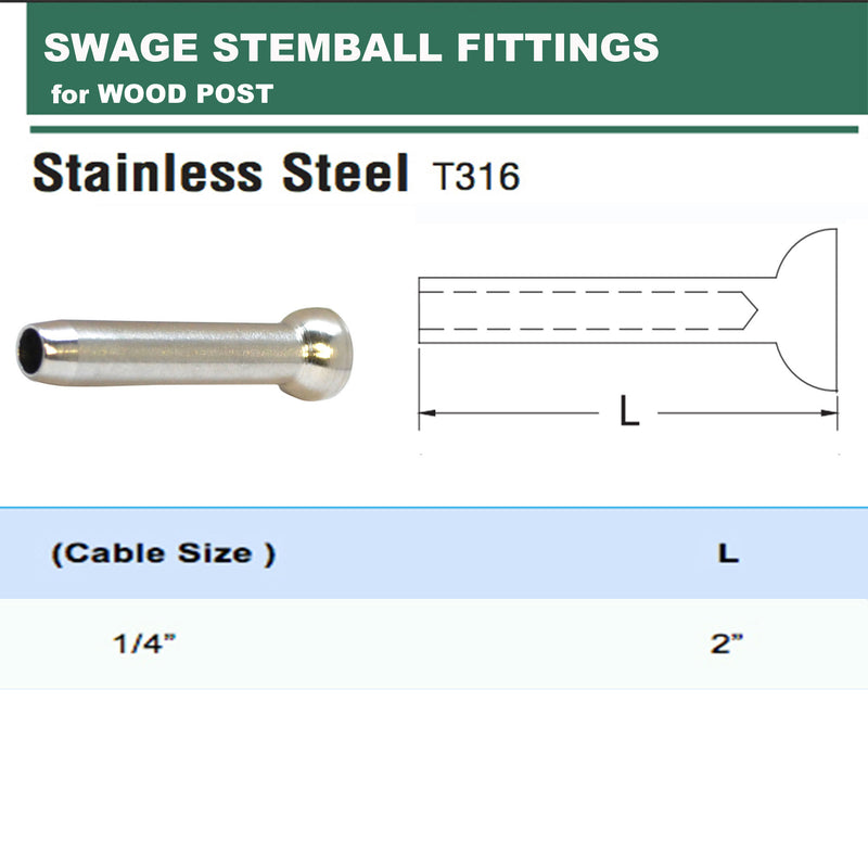 10 Pc 1/4" Stainless Steel T316 Swage Stemball For Wood Post Cable Railing