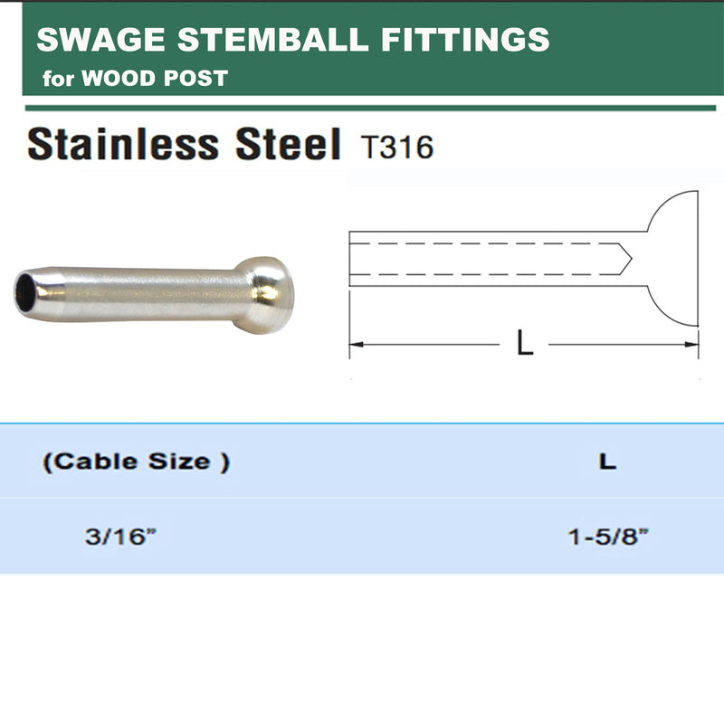 10 Pc 3/16" Cable Railing T316 Stainless Steel Swage Stemball for WOOD POST