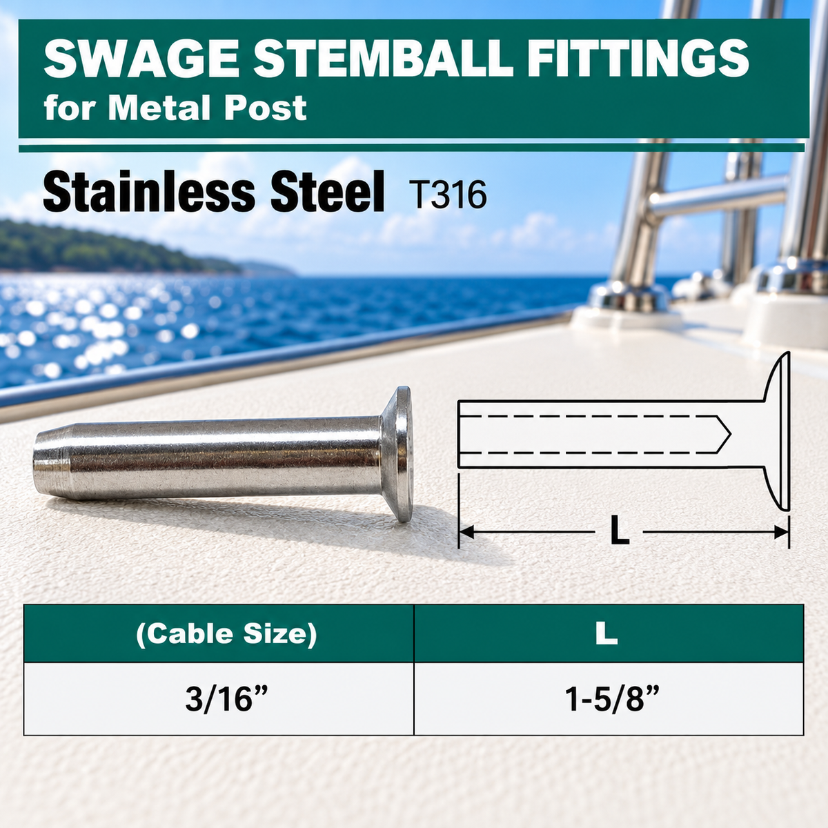 10 Pc Set T316 Stainless Steel Swage Stemball Fittings for Metal Post, Cable Railing Terminal for 1/8", 3/16", and 1/4" Cable