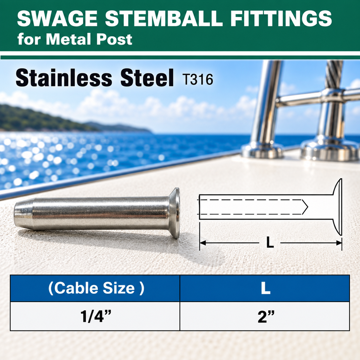 10 Pc Set T316 Stainless Steel Swage Stemball Fittings for Metal Post, Cable Railing Terminal for 1/8", 3/16", and 1/4" Cable
