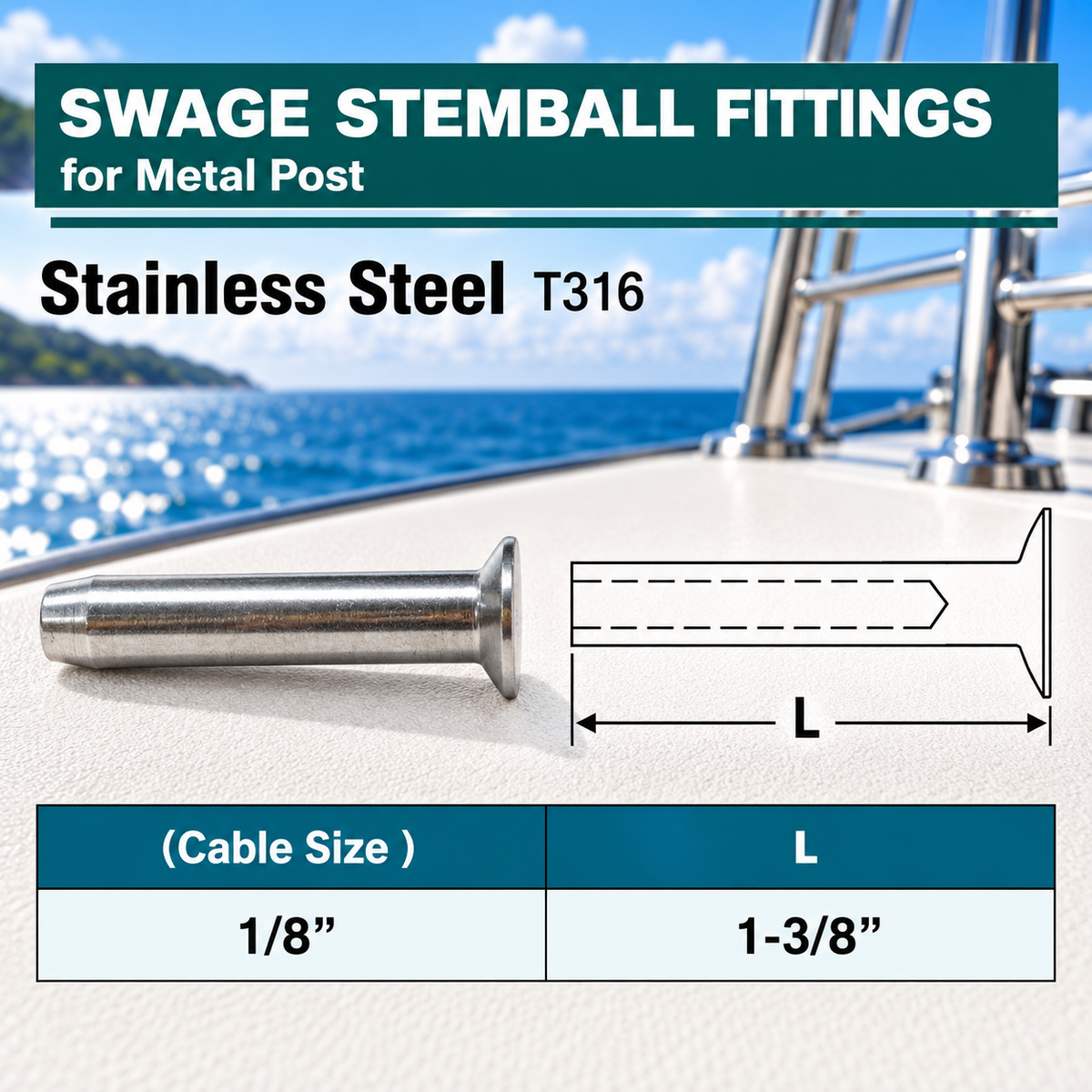 10 Pc Set T316 Stainless Steel Swage Stemball Fittings for Metal Post, Cable Railing Terminal for 1/8", 3/16", and 1/4" Cable